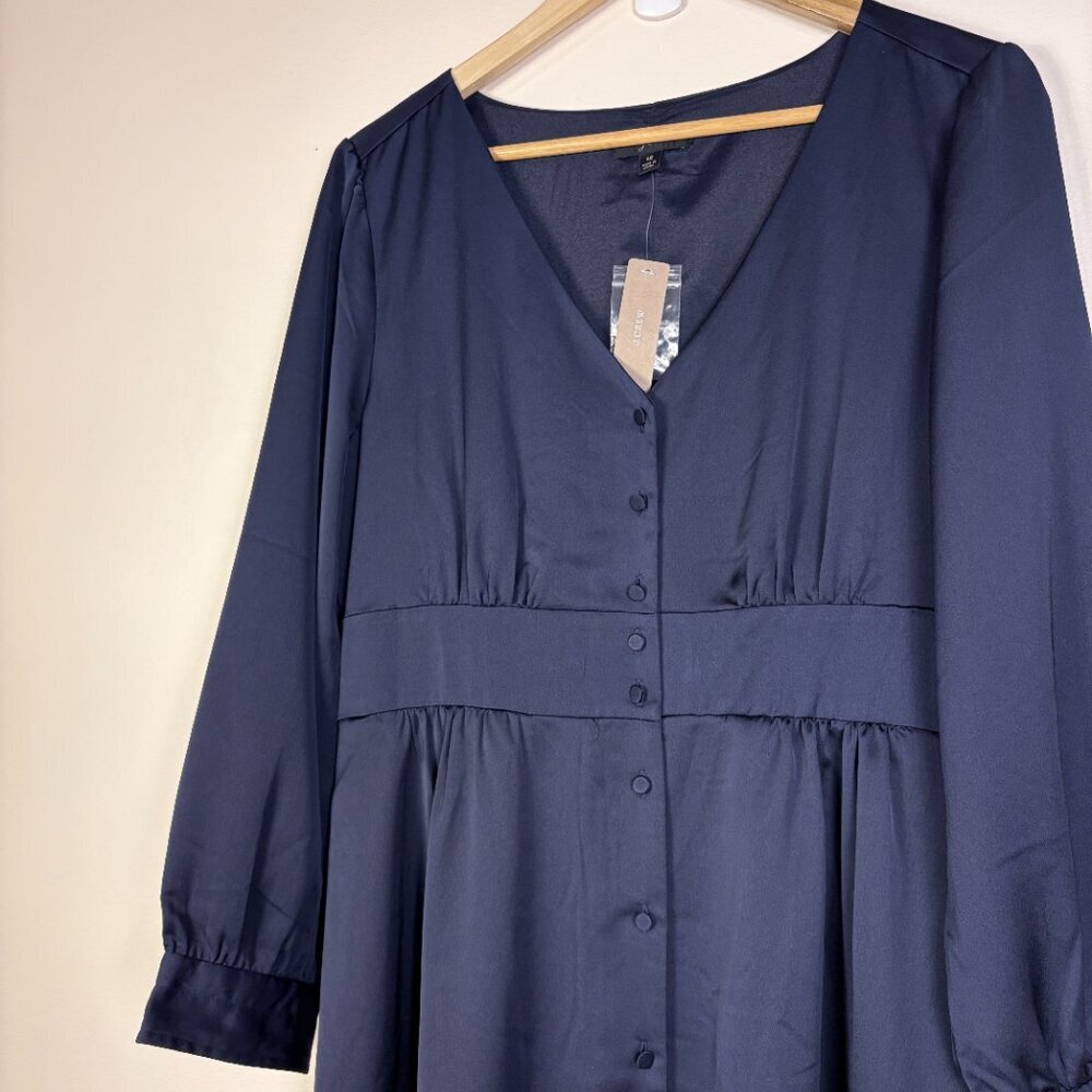 J Crew Satin Navy Long Sleeve Midi Dress Button Down Holiday Elegant - Picture 5 of 12